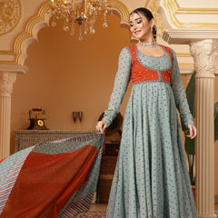 Kimayra Cotton Calf Length Printed Full Sleeves Round Neck Anarkali Kurta Suit Set