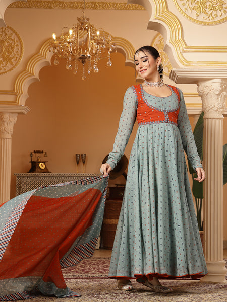 Kimayra Cotton Calf Length Printed Full Sleeves Round Neck Anarkali Kurta Suit Set