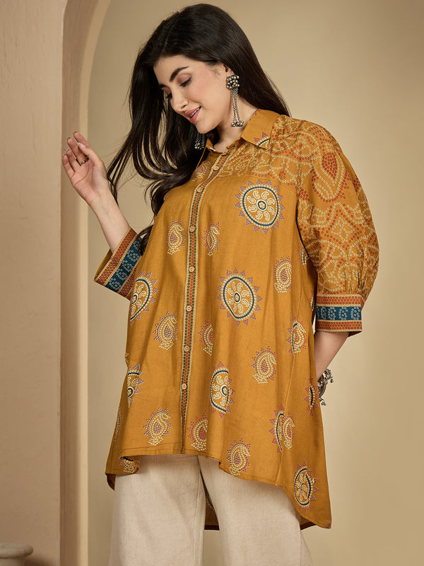 Kimayra Rayon Hip Length Printed 3/4 Sleeve Shirt Collar Flared Top