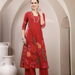 Kimayra Rayon Calf Length Printed 3/4 Sleeve V-Neck A-Line Kurta Suit Set