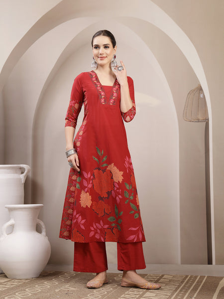 Kimayra Rayon Calf Length Printed 3/4 Sleeve V-Neck A-Line Kurta Suit Set