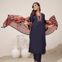 Kimayra Cotton Calf Length Solid 3/4 Sleeve V-Neck Flared Kurta Suit Set