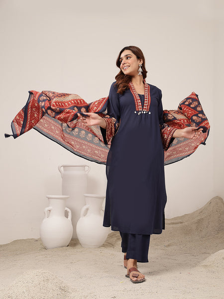 Kimayra Cotton Calf Length Solid 3/4 Sleeve V-Neck Flared Kurta Suit Set