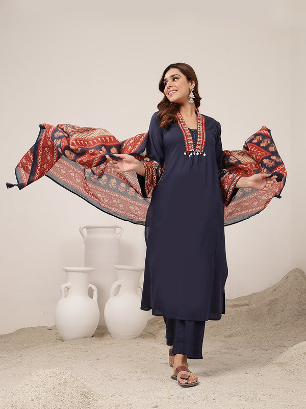 Kimayra Cotton Calf Length Solid 3/4 Sleeve V-Neck Flared Kurta Suit Set