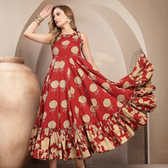 Kimayra Cotton Calf Length Printed Sleeveless Round Neck Flared Dress
