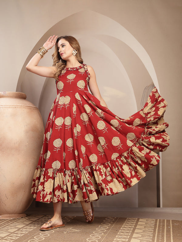 Kimayra Cotton Calf Length Printed Sleeveless Round Neck Flared Dress
