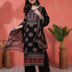 Kimayra Cotton Calf Length Printed 3/4 Sleeves Round Neck Straight Kurta Suit Set