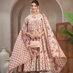 Kimayra Cotton Calf Length Printed 3/4 Sleeve Key Hole Neck Flared Kurta Suit Set