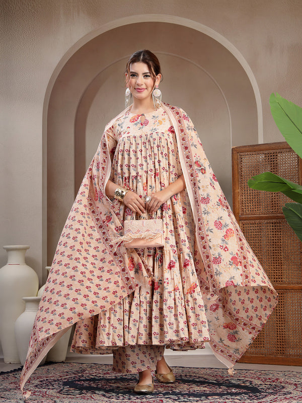 Kimayra Cotton Calf Length Printed 3/4 Sleeve Key Hole Neck Flared Kurta Suit Set