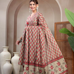 Kimayra Cotton Calf Length Printed 3/4 Sleeve V-Neck A-Line Kurta Suit Set
