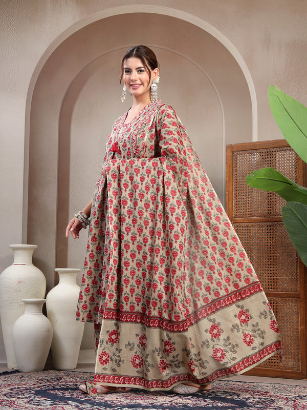 Kimayra Cotton Calf Length Printed 3/4 Sleeve V-Neck A-Line Kurta Suit Set