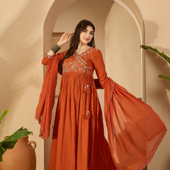 Kimayra Cotton Calf Length Solid 3/4 Sleeve V-Neck Anarkali Kurta Suit Set