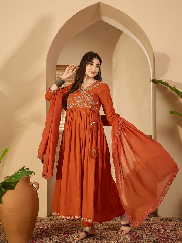 Kimayra Cotton Calf Length Solid 3/4 Sleeve V-Neck Anarkali Kurta Suit Set