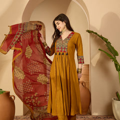 Kimayra Rayon Calf Length Solid 3/4 Sleeve V-Neck Flared Kurta Suit Set