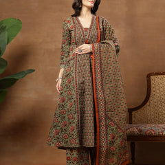 Kimayra Cotton Calf Length Printed 3/4 Sleeve V-Neck Flared Kurta Suit Set
