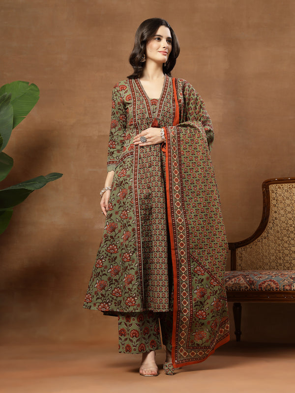 Kimayra Cotton Calf Length Printed 3/4 Sleeve V-Neck Flared Kurta Suit Set