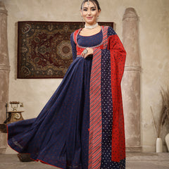 Kimayra Cotton Calf Length Printed Full Sleeves Round Neck Anarkali Kurta Suit Set