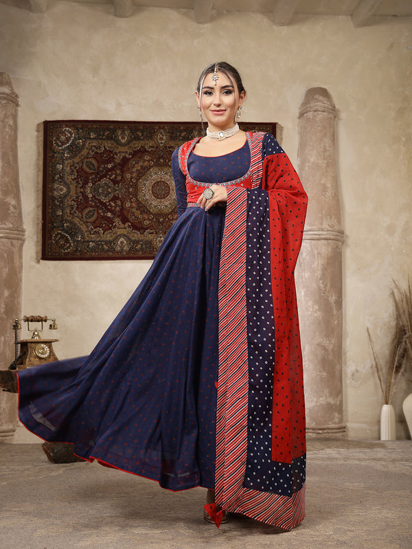 Kimayra Cotton Calf Length Printed Full Sleeves Round Neck Anarkali Kurta Suit Set
