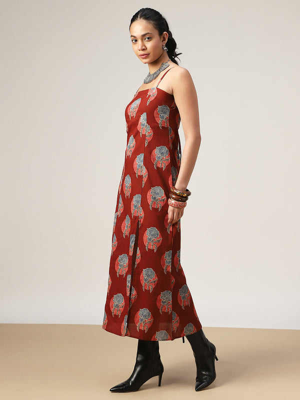 Kimayra Cotton Calf Length Printed Sleeveless Square Neck Straight Dress