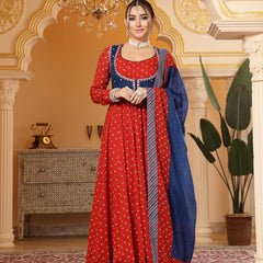 Kimayra Cotton Calf Length Printed Full Sleeves Round Neck Anarkali Kurta Suit Set