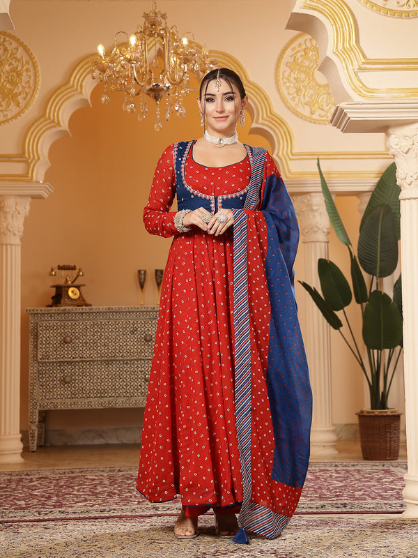 Kimayra Cotton Calf Length Printed Full Sleeves Round Neck Anarkali Kurta Suit Set