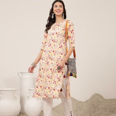 Kimayra Rayon Calf Length Printed 3/4 Sleeve Round Neck Straight Kurta