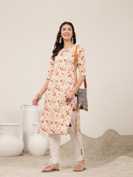 Kimayra Rayon Calf Length Printed 3/4 Sleeve Round Neck Straight Kurta