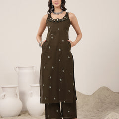 Kimayra Cotton Calf Length Solid Sleeveless Round Neck Straight Kurta Suit Set