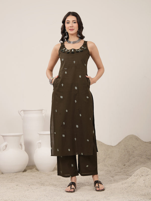 Kimayra Cotton Calf Length Solid Sleeveless Round Neck Straight Kurta Suit Set