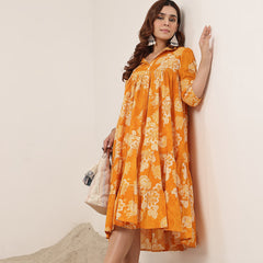 Kimayra Cotton Knee Length Printed 3/4 Sleeve Shirt Collar Flared Dress