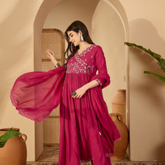 Kimayra Cotton Calf Length Solid 3/4 Sleeve V-Neck Anarkali Kurta Suit Set