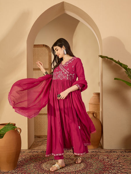 Kimayra Cotton Calf Length Solid 3/4 Sleeve V-Neck Anarkali Kurta Suit Set