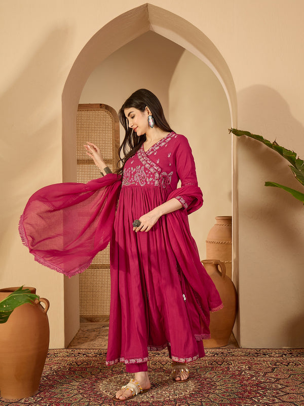 Kimayra Cotton Calf Length Solid 3/4 Sleeve V-Neck Anarkali Kurta Suit Set
