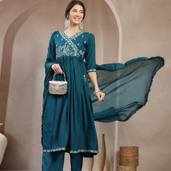 Kimayra Rayon Calf Length Solid 3/4 Sleeve Angrakha Flared Kurta Suit Set