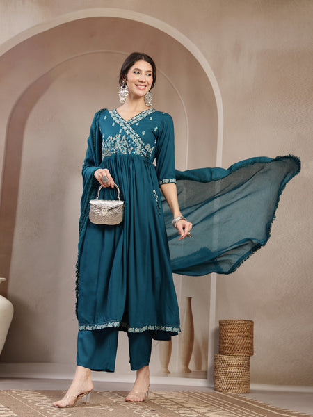 Kimayra Rayon Calf Length Solid 3/4 Sleeve Angrakha Flared Kurta Suit Set