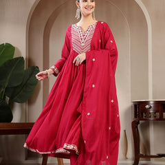 Kimayra Cotton Calf Length Solid 3/4 Sleeve Round Neck Flared Kurta Suit Set