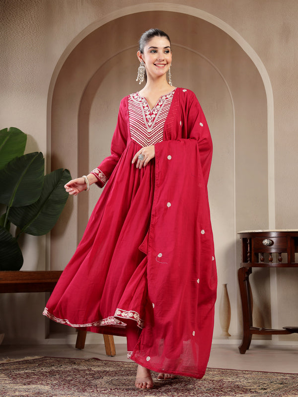Kimayra Cotton Calf Length Solid 3/4 Sleeve Round Neck Flared Kurta Suit Set
