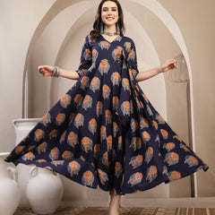 Kimayra Cotton Calf Length Printed 3/4 Sleeve V-Neck Flared Kurta