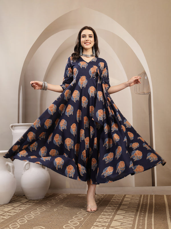 Kimayra Cotton Calf Length Printed 3/4 Sleeve V-Neck Flared Kurta