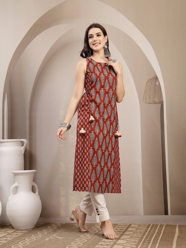 Kimayra Rayon Calf Length Printed Sleeveless Round Neck Straight Kurta