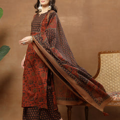 Kimayra Cotton Calf Length Printed 3/4 Sleeve Round Neck Straight Kurta Suit Set