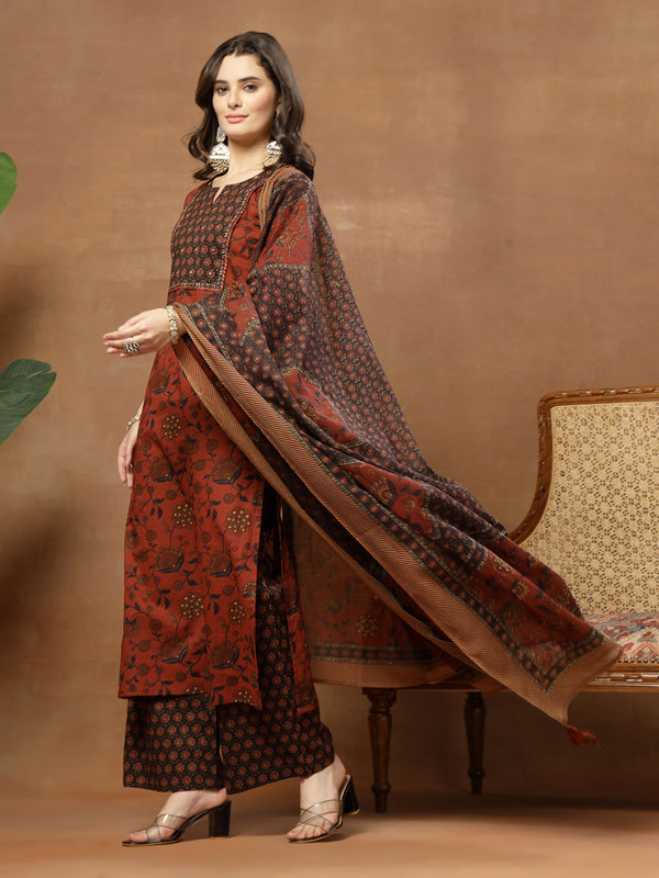 Kimayra Cotton Calf Length Printed 3/4 Sleeve Round Neck Straight Kurta Suit Set