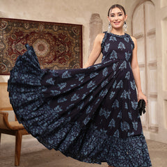 Kimayra Cotton Calf Length Printed Sleeveless Round Neck Flared Kurta