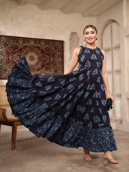Kimayra Cotton Calf Length Printed Sleeveless Round Neck Flared Kurta