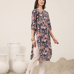 Kimayra  Calf Length Printed 3/4 Sleeve Round Neck Straight Kurta