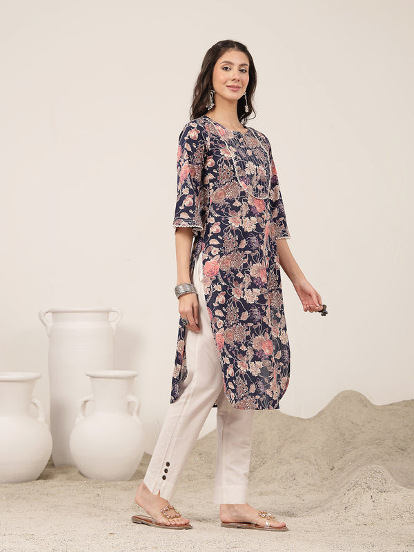 Kimayra  Calf Length Printed 3/4 Sleeve Round Neck Straight Kurta