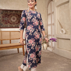 Kimayra Rayon Calf Length Printed 3/4 Sleeve Round Neck Straight Kurta