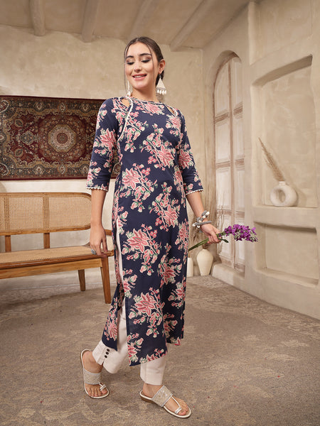 Kimayra Rayon Calf Length Printed 3/4 Sleeve Round Neck Straight Kurta