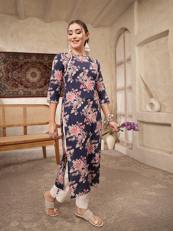 Kimayra Rayon Calf Length Printed 3/4 Sleeve Round Neck Straight Kurta