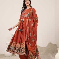Kimayra Cotton Calf Length Printed 3/4 Sleeve Round Neck Flared Kurta Suit Set